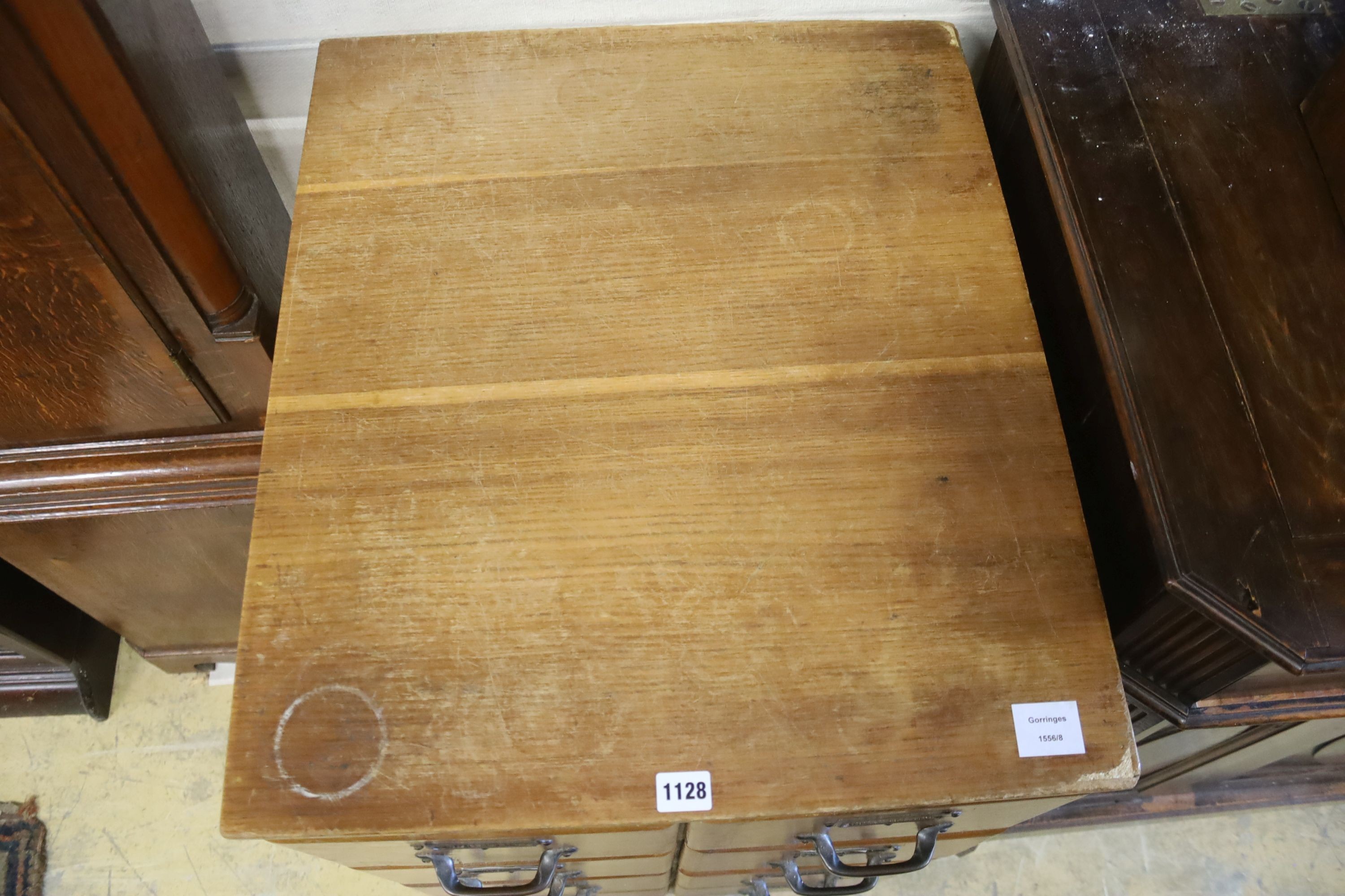 An early 20th century oak eight drawer small filing chest, width 54cm, depth 63cm, height 92cm